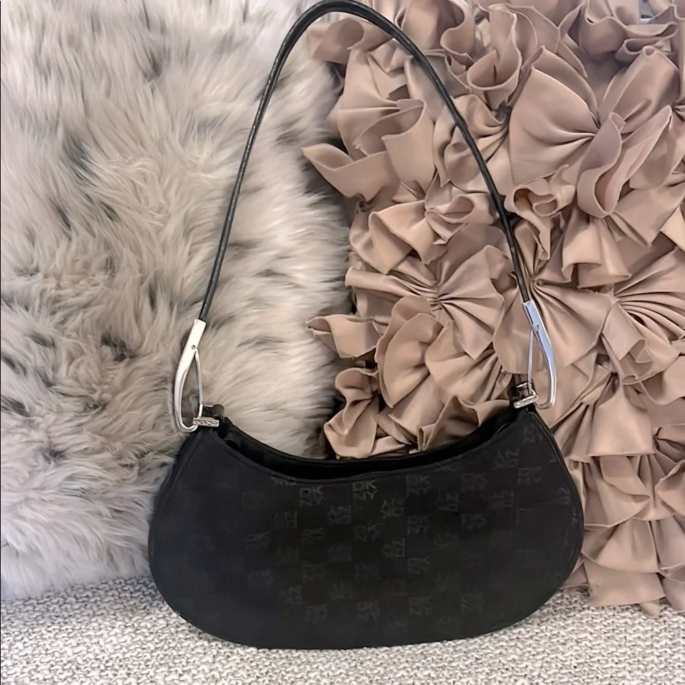 DKNY Womens Black Sleek Classy Luxury Nylon Signature Formal Shoulder Bag Purse